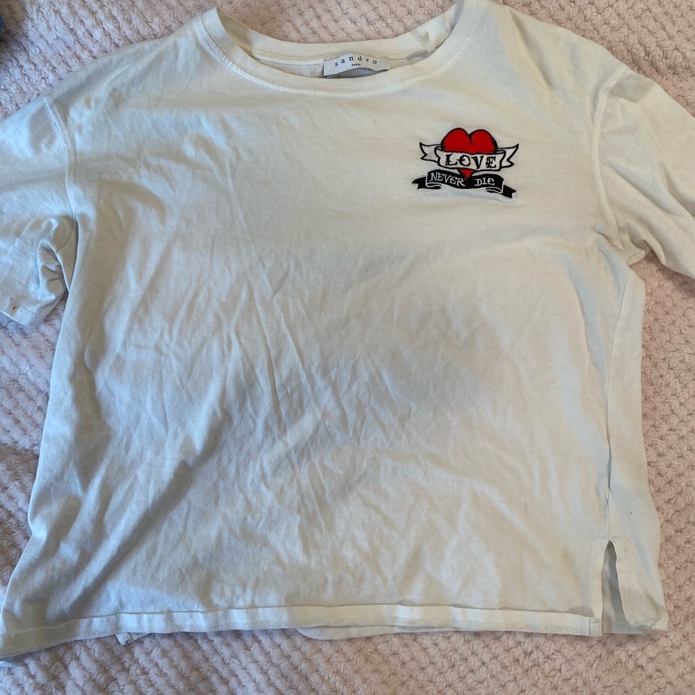 Sandro white tshirt with Love Never Dies patch